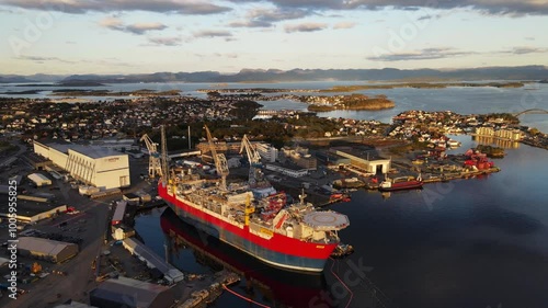 Aerial Drone Shot of a Tanker Ship Navigating the Waters of Stavanger, Norway