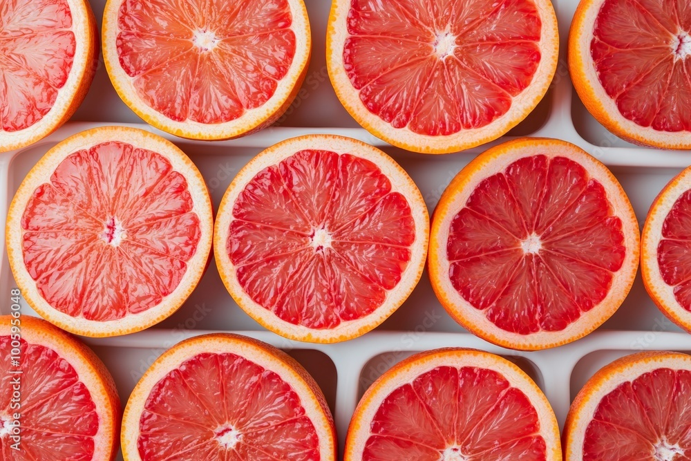 Slices of fresh grapefruit arranged on a white background. Slices of fresh grapefruit arranged on a white background.