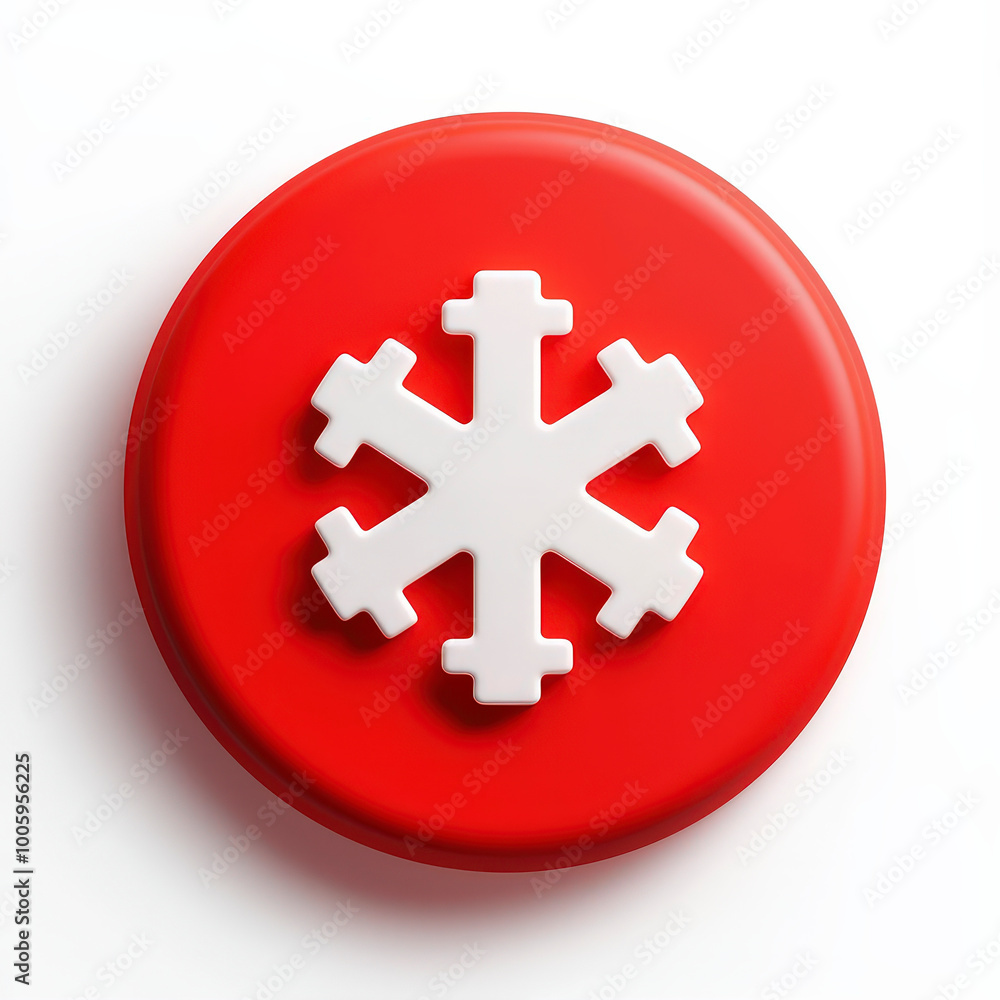 Red button with white snowflake design on a circular surface Red button with white snowflake design on a circular surface