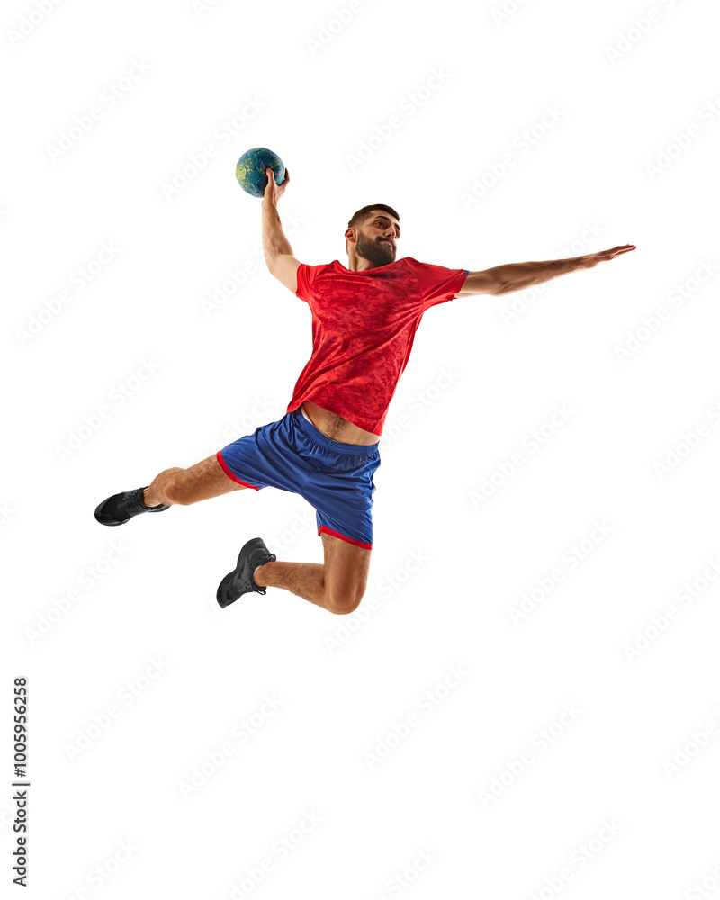 Focused and competitive young man, handball player in motion with ball during intense game, throwing all isolated on white background. Concept of sport, active and healthy lifestyle, hobby Focused and competitive young man, handball player in motion with ball during intense game, throwing all isolated on white background. Concept of sport, active and healthy lifestyle, hobby