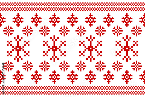 Christmas and New Year seamless pattern. Red snowflakes on white pixel pattern for winter hat,sweater, wrapping,fabric or other designs.