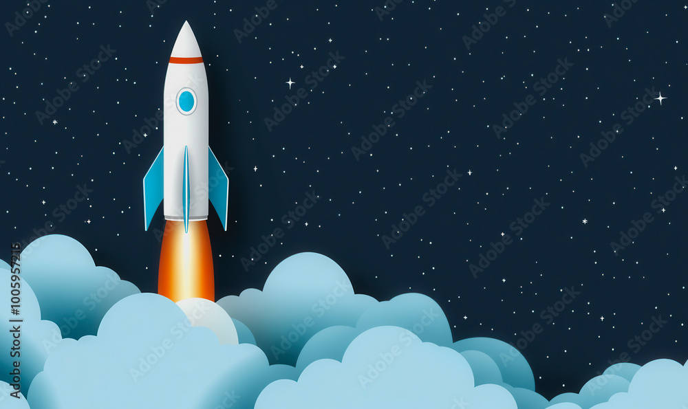 Rocket launch through vibrant sunset and clouds into space Rocket launch through vibrant sunset and clouds into space