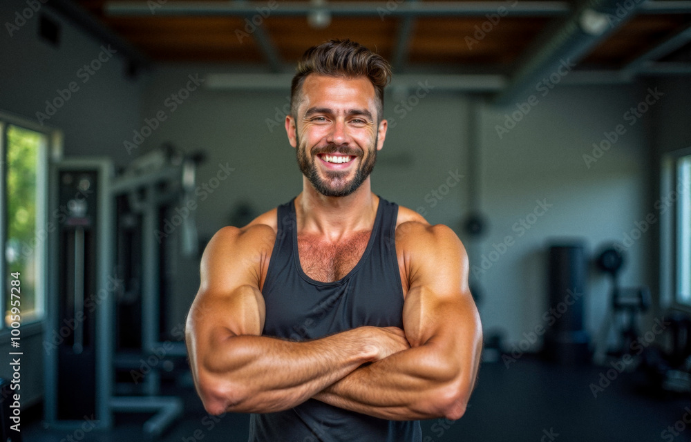 Fototapeta premium Smiling fitness trainer with muscular arms, standing confidently in gym environment. promoting healthy lifestyle. Fitness facility background with modern workout equipment visible