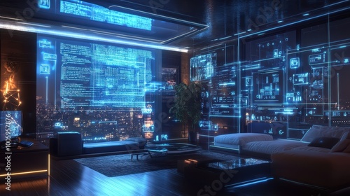 Futuristic Cyber Punk Home Office Interior with Glowing Holographic Displays