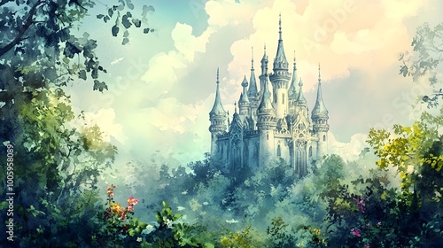 Enchanting Fairytale Castle with Ornate Turrets and Spires Nestled in a Lush Magical Forest Landscape Whimsical Pastel Toned Watercolor Painting