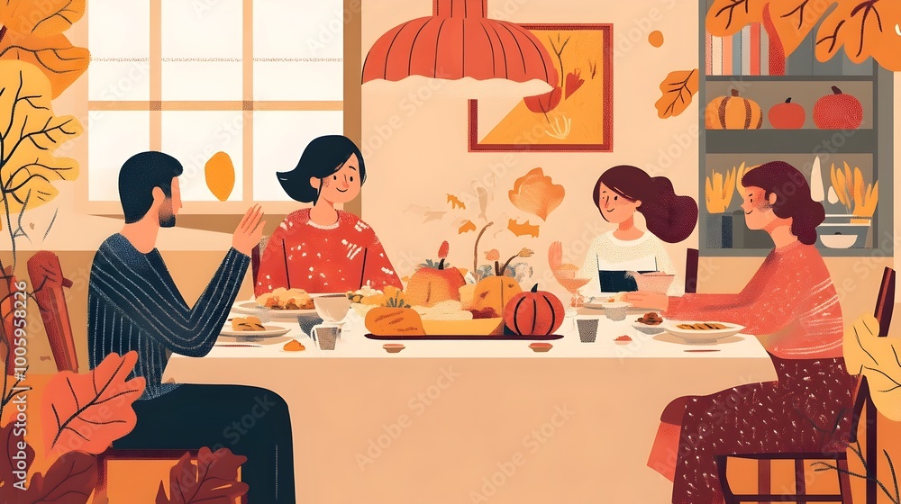 Warm and Inviting Thanksgiving Dinner Scene with Family Gathered Around a Beautifully Decorated Dining Table Showcasing the Autumn Season and Festive in a Flat Design Style Warm and Inviting Thanksgiving Dinner Scene with Family Gathered Around a Beautifully Decorated Dining Table Showcasing the Autumn Season and Festive in a Flat Design Style