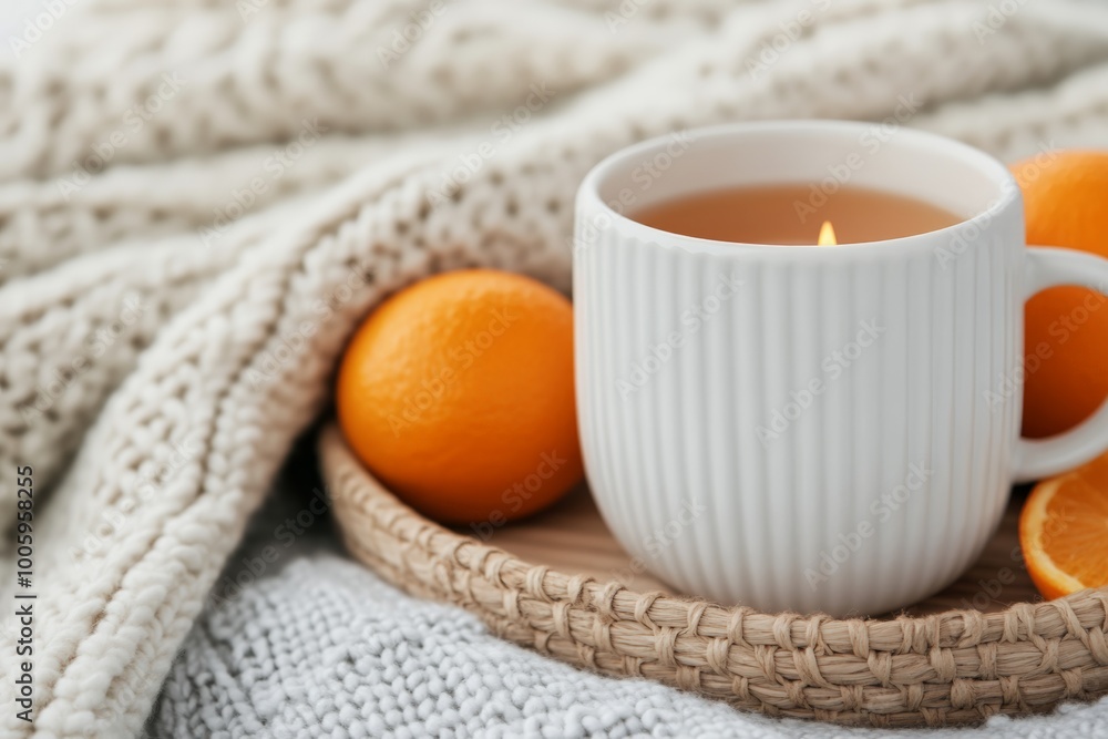 Cozy setup with a lit candle, oranges, and a warm knit blanket in the background. Cozy setup with a lit candle, oranges, and a warm knit blanket in the background.