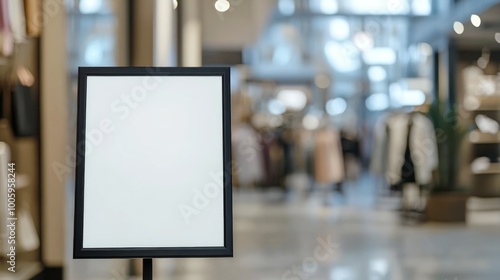 A blank sign in a retail space, suggesting potential advertising or information display.