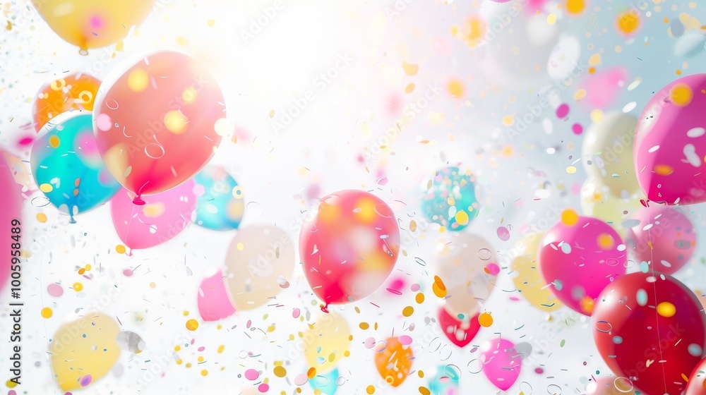 Playful image of amusement park balloons and streamers, floating against a bright white background Playful image of amusement park balloons and streamers, floating against a bright white background