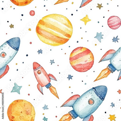 Cute Baby Space Pattern in Watercolor Style