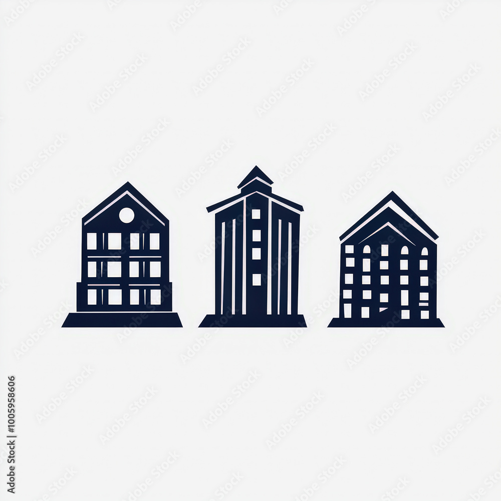 Fototapeta premium Three stylized buildings with different architectural designs in minimalistic form