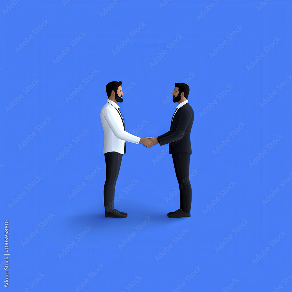 Two men in business suits shaking hands against blue background Two men in business suits shaking hands against blue background