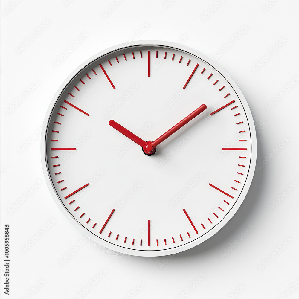 Modern wall clock with red hands and minimalistic design on white background Modern wall clock with red hands and minimalistic design on white background