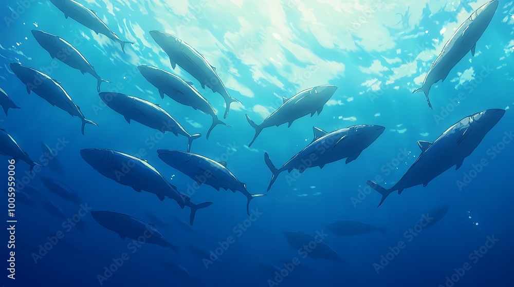 Obraz premium School of Fish Swimming in Blue Ocean Water.