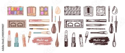 A set of flat and doodle style sketches of cosmetics, beauty, self-care elements.  Illustration for beauty salon, cosmetic store, makeup design. Engraved image.
