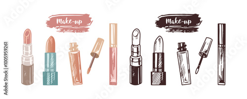 A set of flat and doodle style sketches of different types of lipsticks.  Illustration for beauty salon, cosmetic store, makeup design. Engraved image.