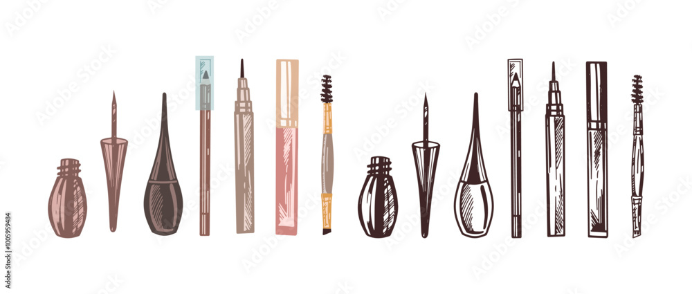A set of flat and doodle style sketches of cosmetics, beauty, self-care elements. Illustration for beauty salon, cosmetic store, makeup design. Engraved image.