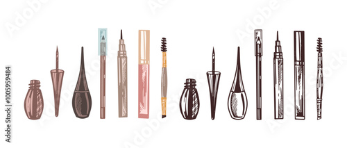 A set of flat and doodle style sketches of cosmetics, beauty, self-care elements. Illustration for beauty salon, cosmetic store, makeup design. Engraved image.