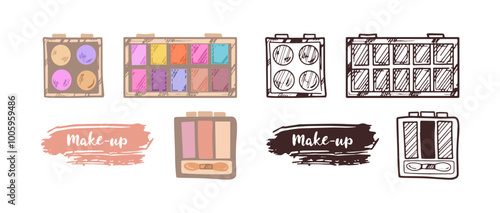 flat and doodle style eyeshadow palettes, beauty cosmetic elements, self care. Illustration for beauty salon, cosmetic store, makeup design. Doodle sketch style.