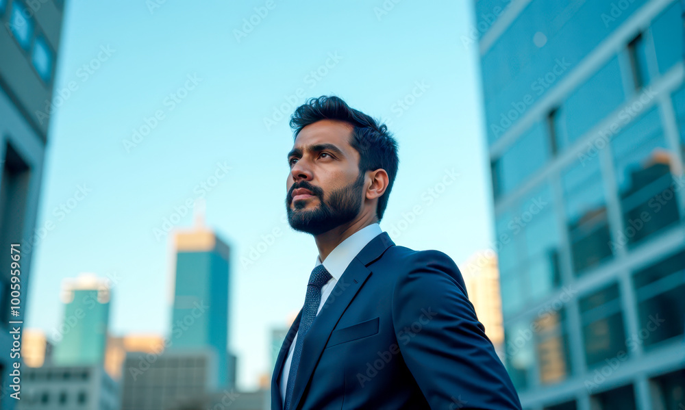 Fototapeta premium Confident Indian entrepreneur standing against backdrop of towering city buildings representing India economic expansion and influence in international markets, metropolitan business hub