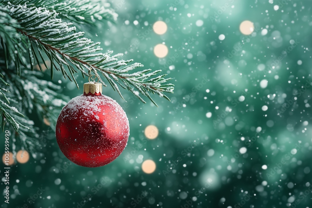 Red Christmas Ornament Hanging on Snow-Covered Pine Branch with Bokeh Lights in the Background Red Christmas Ornament Hanging on Snow-Covered Pine Branch with Bokeh Lights in the Background