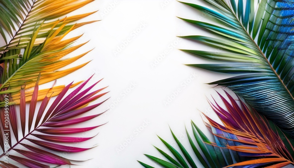 Fototapeta premium palm tree leaves, photo of multicolored palm leaves on the edge with a plain white area in the middle