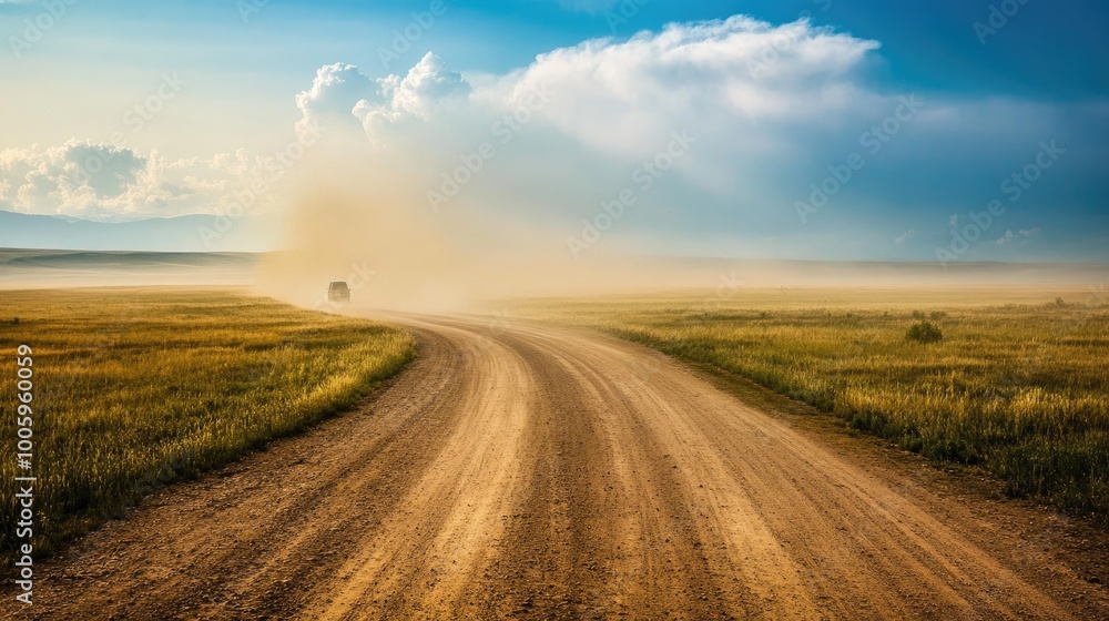 A dirt road winding through a flat, open plain, with dust rising behind a distant vehicle and the wide sky overhead. A dirt road winding through a flat, open plain, with dust rising behind a distant vehicle and the wide sky overhead.