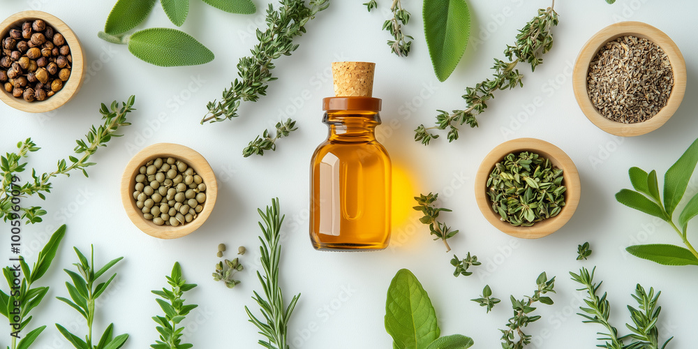 A collection of fresh herbs and essential oils is displayed on a light background. Various medicinal plants surround a small glass bottle filled with golden oil, showcasing nature’s healing potential. A collection of fresh herbs and essential oils is displayed on a light background. Various medicinal plants surround a small glass bottle filled with golden oil, showcasing nature’s healing potential.