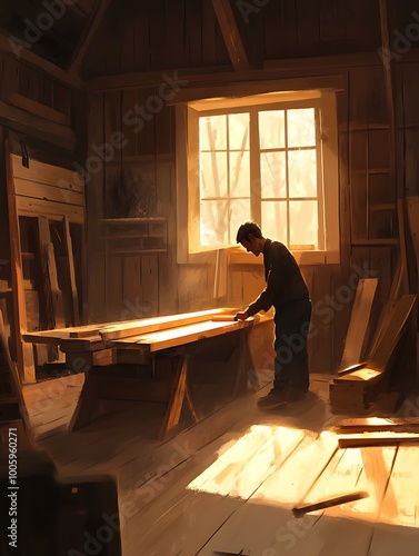 Carpenter Working in a Sunlit Workshop.