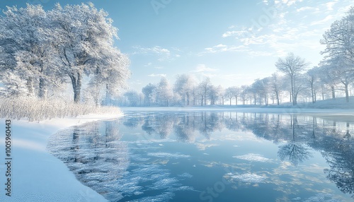 Scenic Winter Forest with Icy Reflections Under Blue Skies