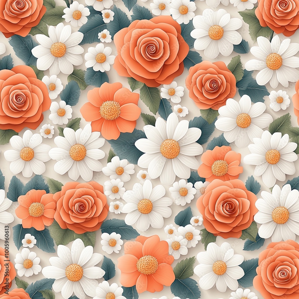 Vibrant floral pattern featuring orange roses and white daisies, ideal for backgrounds, textiles, and creative projects. Vibrant floral pattern featuring orange roses and white daisies, ideal for backgrounds, textiles, and creative projects.