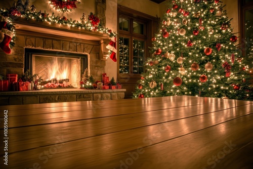 A Cozy Christmas Scene Inside a Warmly Lit Living Room with a Glowing Fireplace and a Beautifully Decorated Christmas Tree