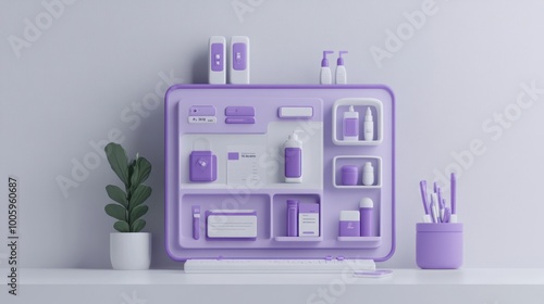 A minimalist display of purple skincare and office supplies on a shelf.