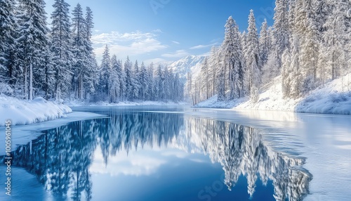 Scenic Winter Forest with Icy Reflections Under Blue Skies