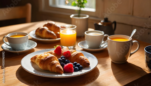 Breakfast food on the kitchen fresh berries coffee cups orange juice wooden table morning sunlight cozy atmosphere continental family is eating concept