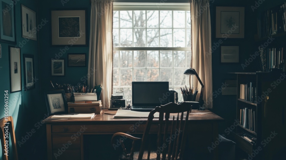 A cozy workspace with a desk, computer, and natural light from a nearby window. A cozy workspace with a desk, computer, and natural light from a nearby window.