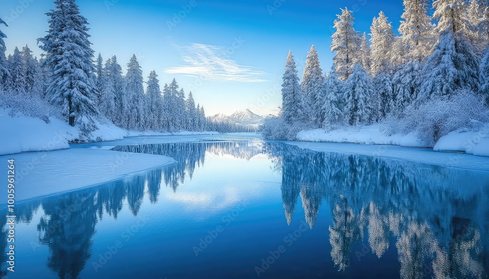 Fototapeta premium Scenic Winter Forest with Icy Reflections Under Blue Skies