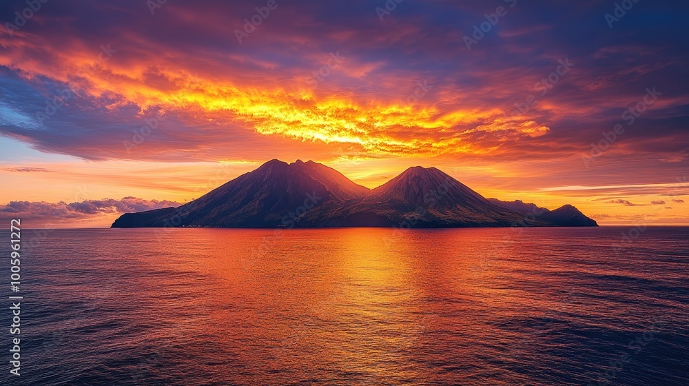 A dramatic sunset over a volcanic island, with the sun casting a golden glow on the islands peaks and the ocean reflecting the colors of the sky. A dramatic sunset over a volcanic island, with the sun casting a golden glow on the islands peaks and the ocean reflecting the colors of the sky.