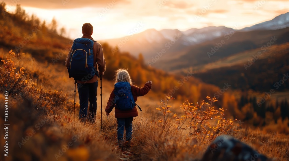 Parent and child hiking on a scenic autumn trail with a beautiful sunset, enjoying nature and outdoor adventure together. Parent and child hiking on a scenic autumn trail with a beautiful sunset, enjoying nature and outdoor adventure together.
