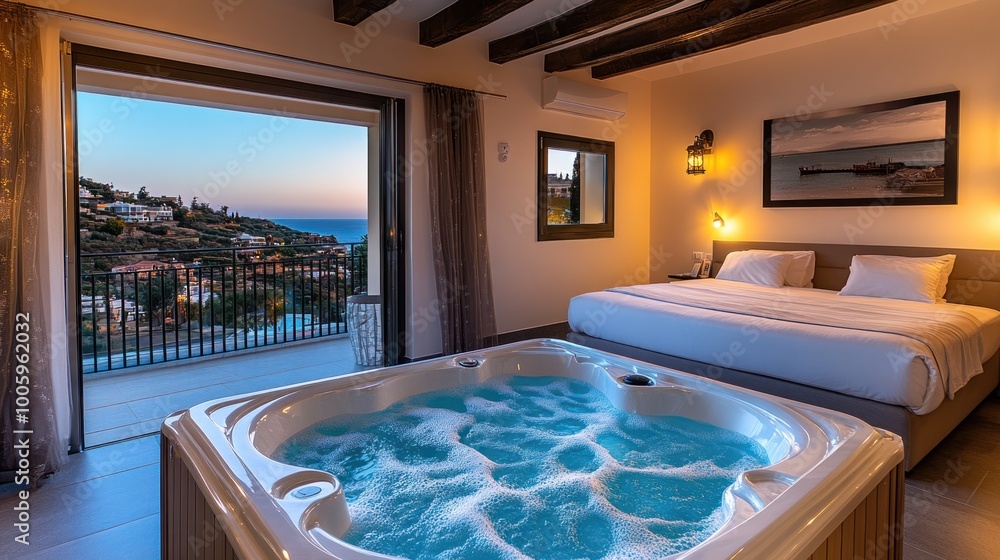 Obraz premium A cozy hotel room featuring a hot tub and scenic view at sunset.