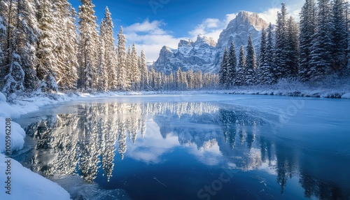 Scenic Winter Forest with Icy Reflections Under Blue Skies