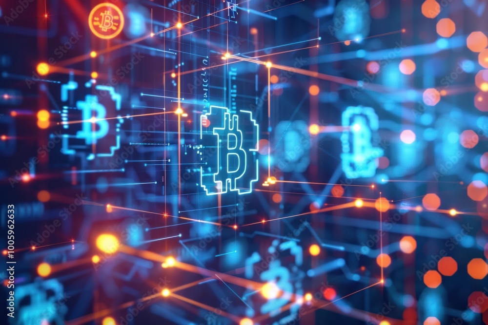 showcasing blockchain technology integrated with cryptocurrency symbols. Bitcoin and Cryptocurrency showcasing blockchain technology integrated with cryptocurrency symbols. Bitcoin and Cryptocurrency