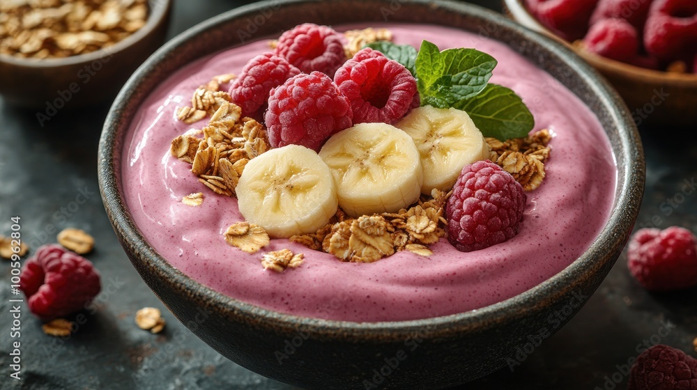 Delicious Smoothie Bowl with Raspberries, Banana, and Granola Delicious Smoothie Bowl with Raspberries, Banana, and Granola