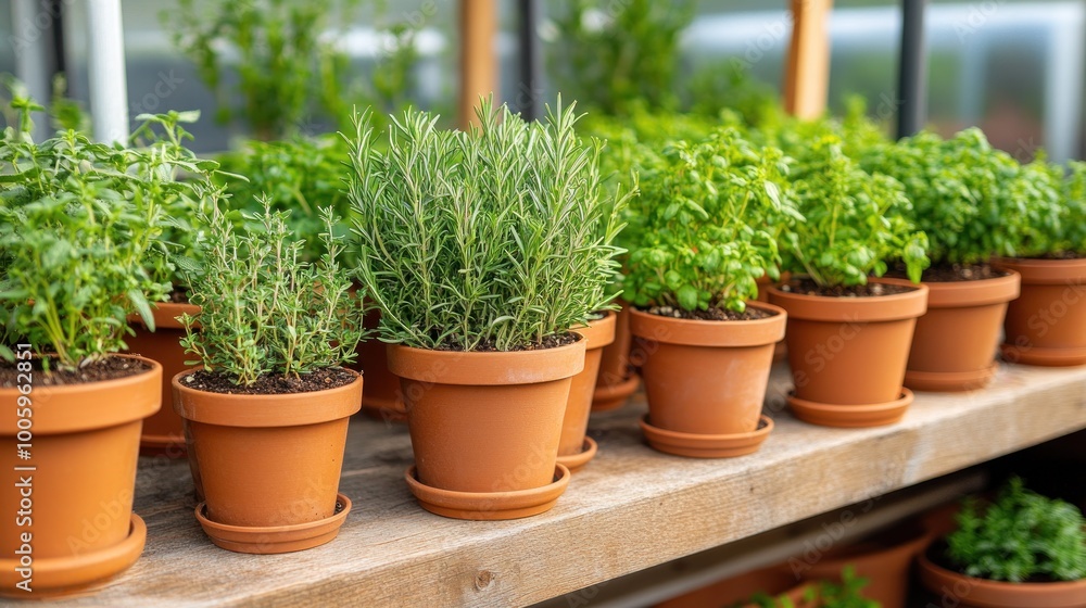 A variety of potted herbs arranged on a shelf, showcasing gardening and plant care. A variety of potted herbs arranged on a shelf, showcasing gardening and plant care.