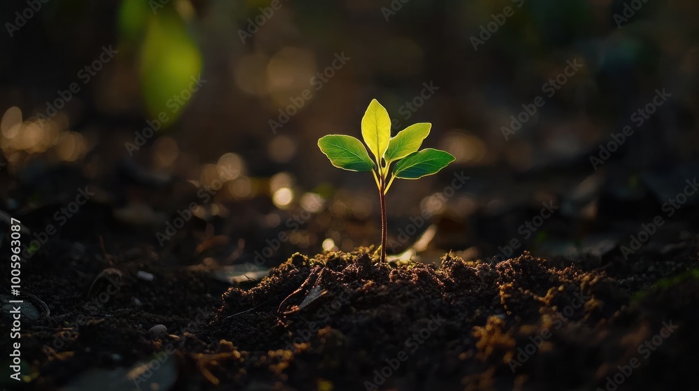 A young plant emerging from dark soil, symbolizing growth and renewal in nature. A young plant emerging from dark soil, symbolizing growth and renewal in nature.
