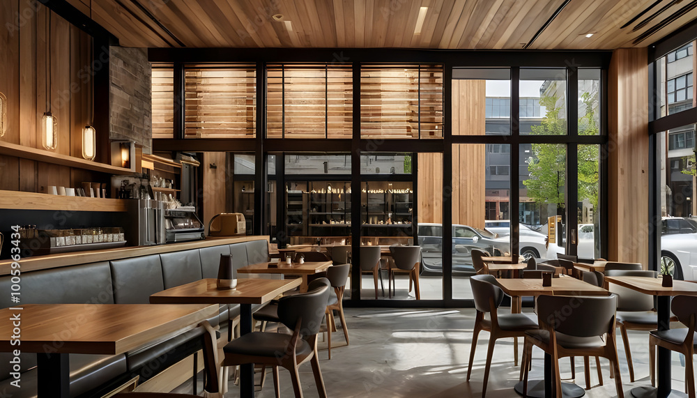 Modern coffee shop cafe boasting a sophisticated glass facade framed by wooden accents minimalist design sleek restaurant interior pendant lights urban architecture Modern coffee shop cafe boasting a sophisticated glass facade framed by wooden accents minimalist design sleek restaurant interior pendant lights urban architecture