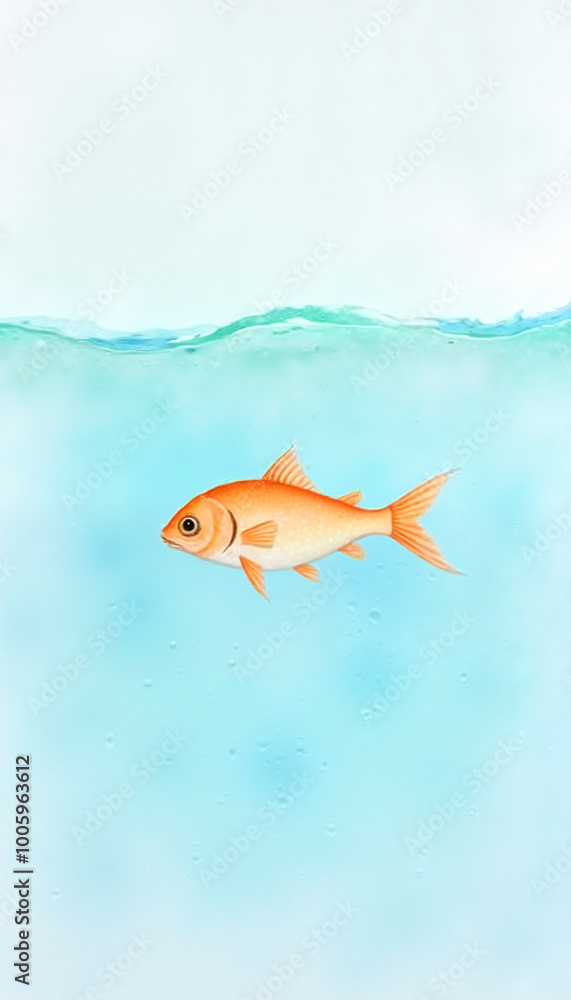 Obraz premium Watercolor illustration of a small orange fish swimming in light green water