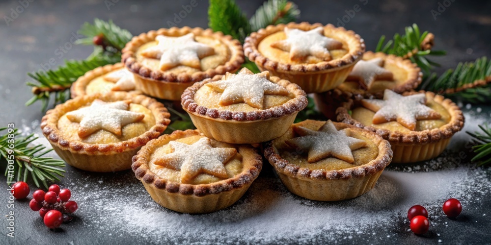 British Christmas mince pies arranged on a dark background, festive, traditional, dessert, holiday British Christmas mince pies arranged on a dark background, festive, traditional, dessert, holiday