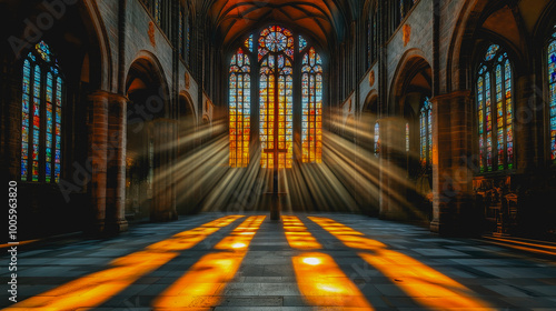 Sunlit cross in serene gothic cathedral with spiritual atmosphere