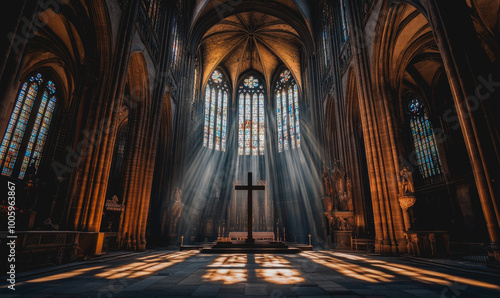 Sunlit cross in serene gothic cathedral with spiritual atmosphere